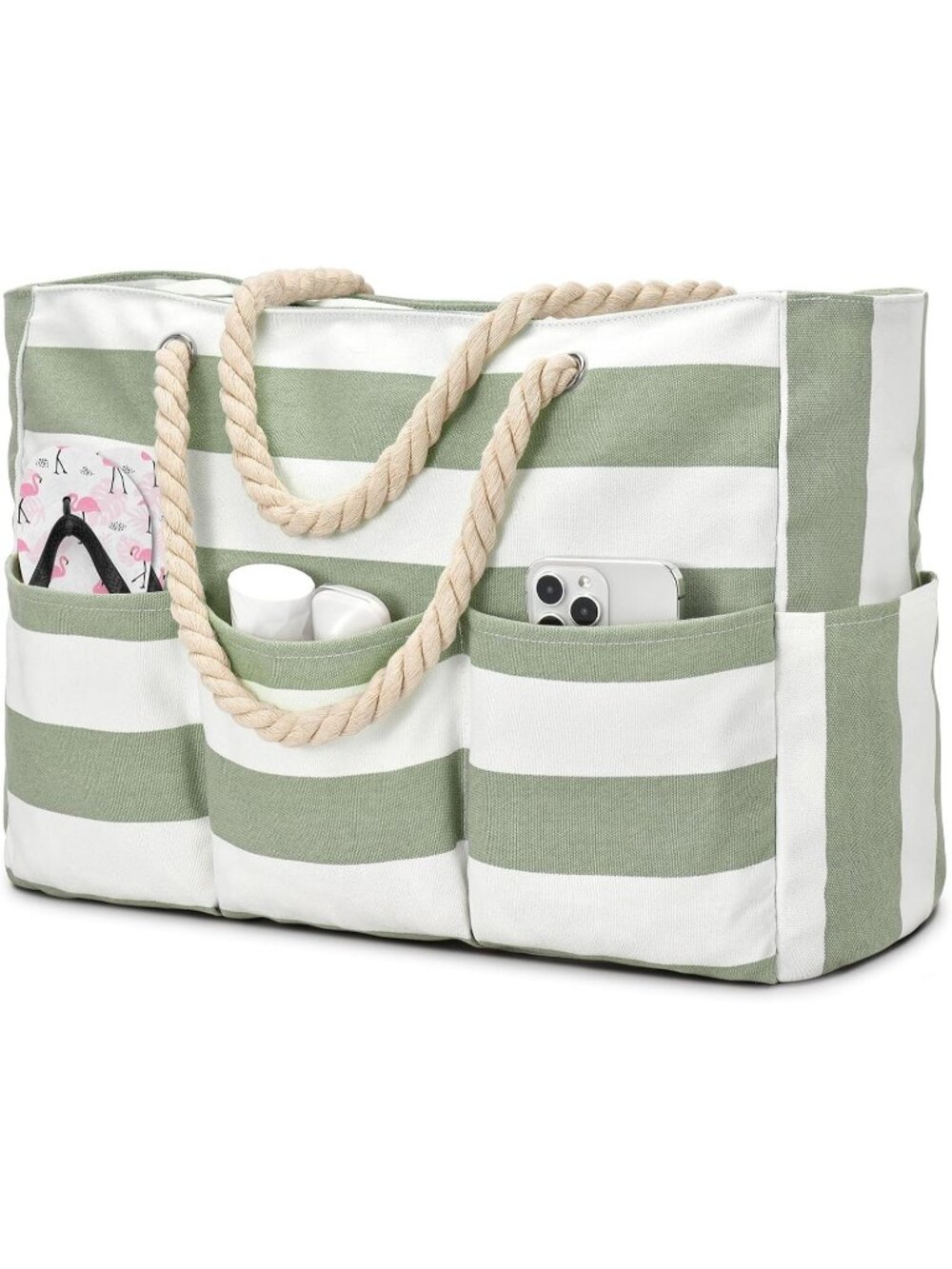 Women's Light Green Large Canvas Beach Tote Waterproof Sandproof Foldable Bag